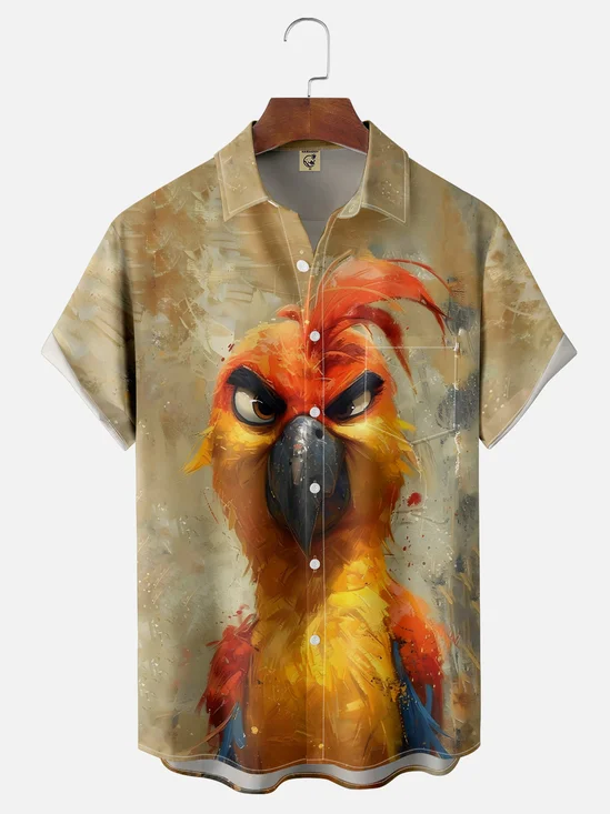 Moisture-wicking Art Painting Parrot Chest Pocket Hawaiian Shirt