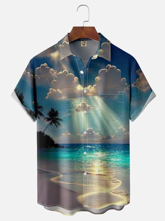 Moisture-wicking Beach Scene Chest Pocket Hawaiian Shirt