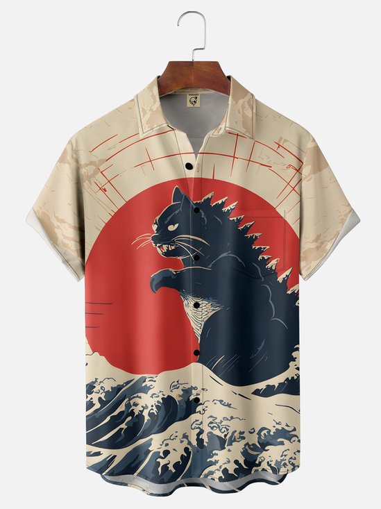 Moisture-wicking Ukiyo-e Cat Chest Pocket Hawaiian Shirt