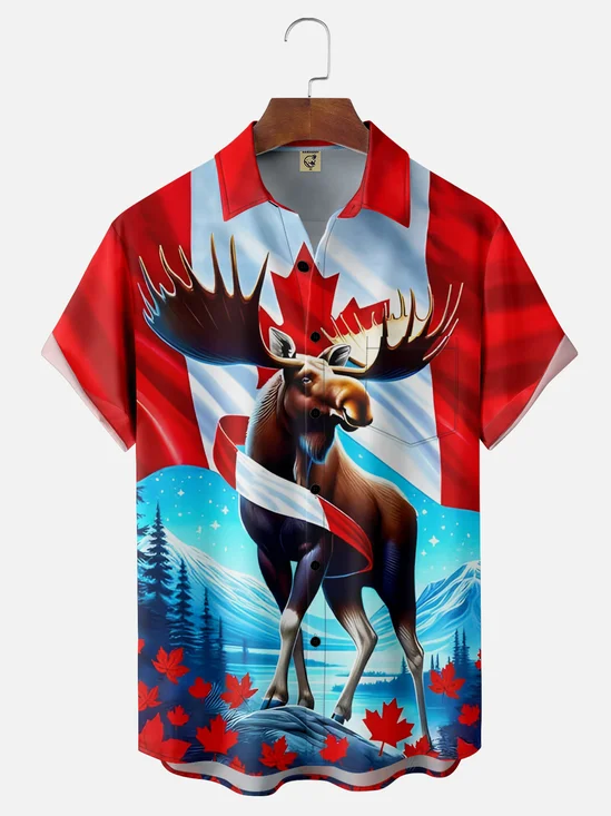 Moisture-wicking Canada Day Moose Chest Pocket Hawaiian Shirt