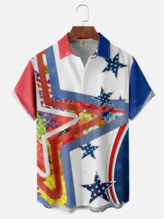 Moisture-Wicking American Flag Stars Chest Pocket Hawaiian Shirt