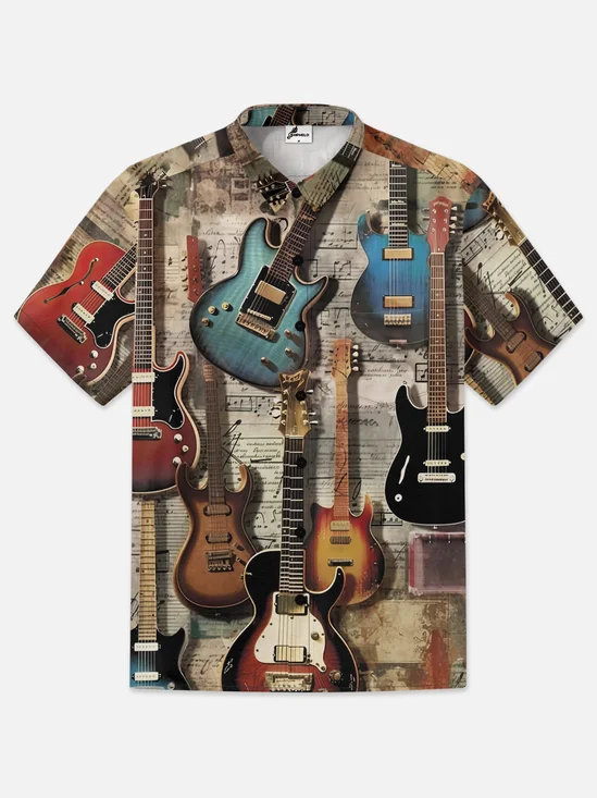 Moisture-wicking Musical Instruments Chest Pocket Hawaiian Shirt