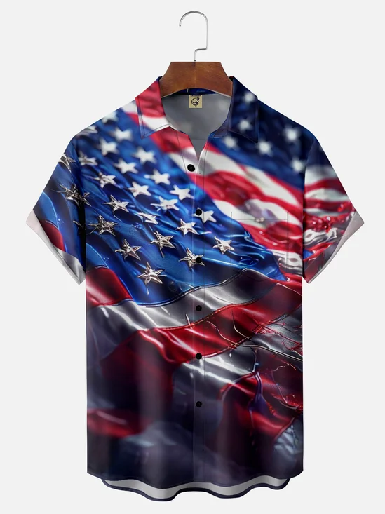 Moisture-Wicking Metallic American Flag Chest Pocket Hawaiian Shirt