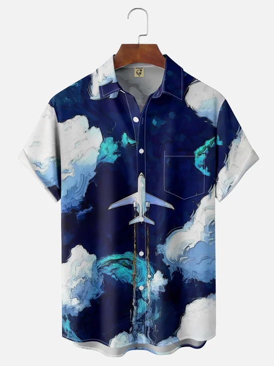 Moisture-Wicking Airplane Art Chest Pocket Hawaiian Shirt