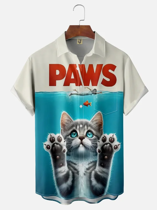 Moisture-wicking Funny Cat Chest Pocket Hawaiian Shirt