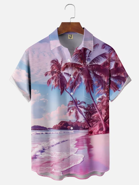 Moisture-wicking Coconut Trees Beach Chest Pocket Hawaiian Shirt