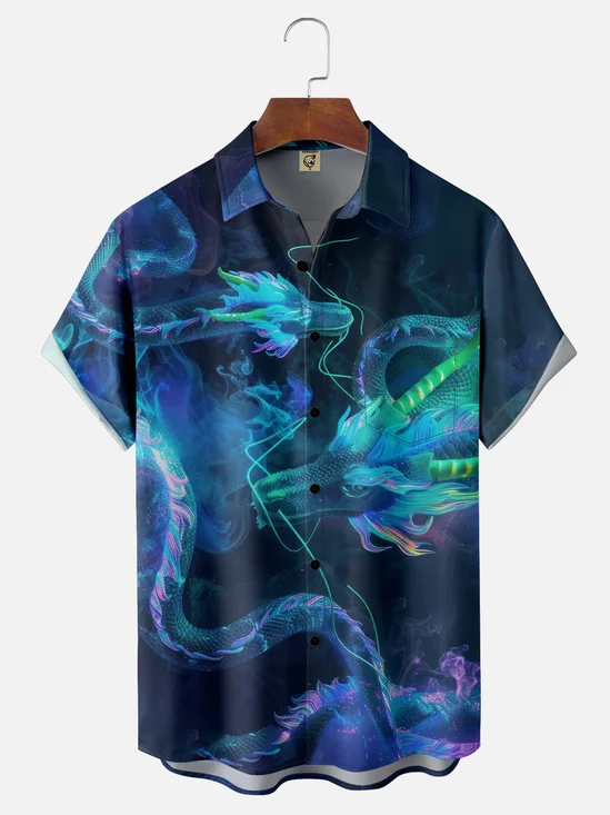 Moisture-wicking Art Dragon Chest Pocket Hawaiian Shirt