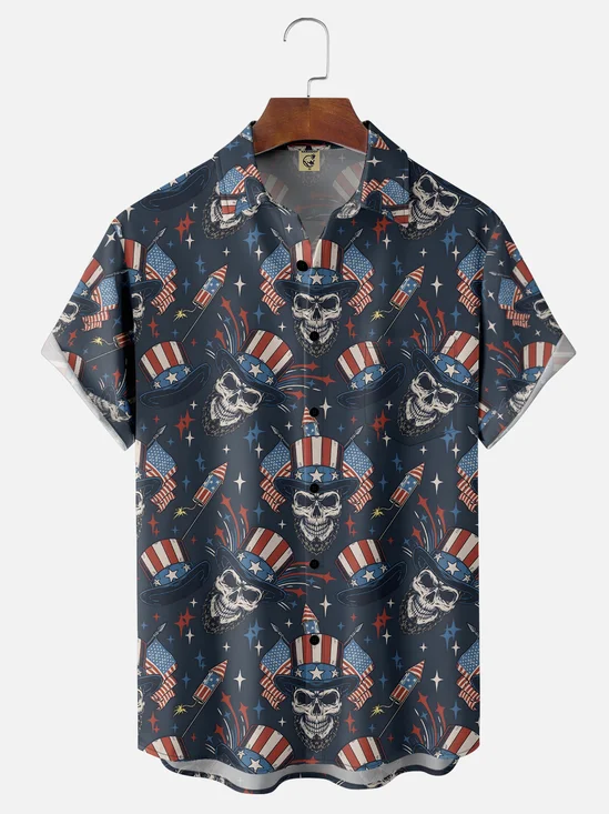 Moisture-wicking American Flag Skull Chest Pocket Hawaiian Shirt