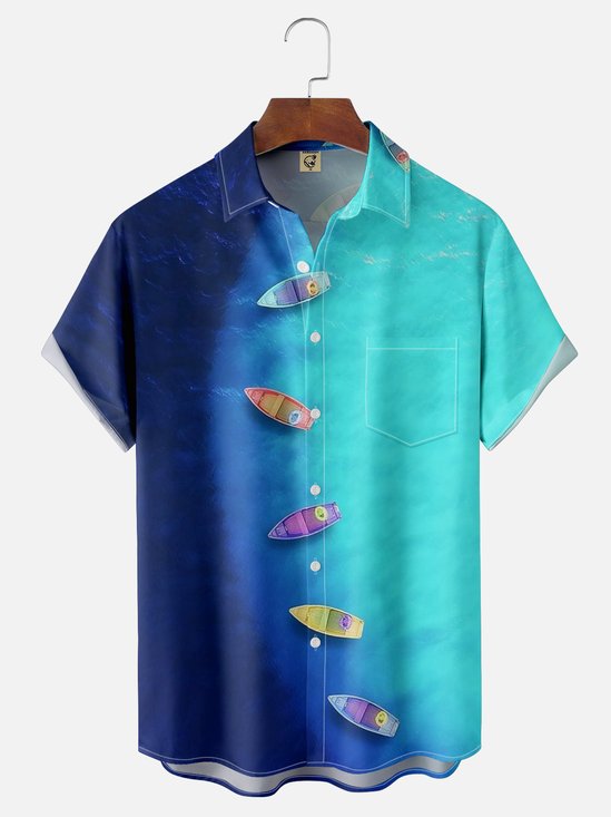 Moisture-wicking Secret Blue Sea Boat Chest Pocket Hawaiian Shirt