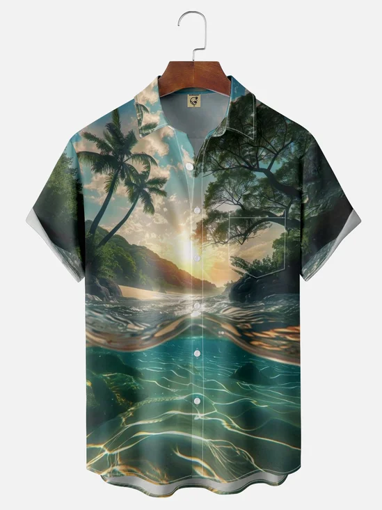 Moisture-wicking Beach Water Shadow Chest Pocket Hawaiian Shirt