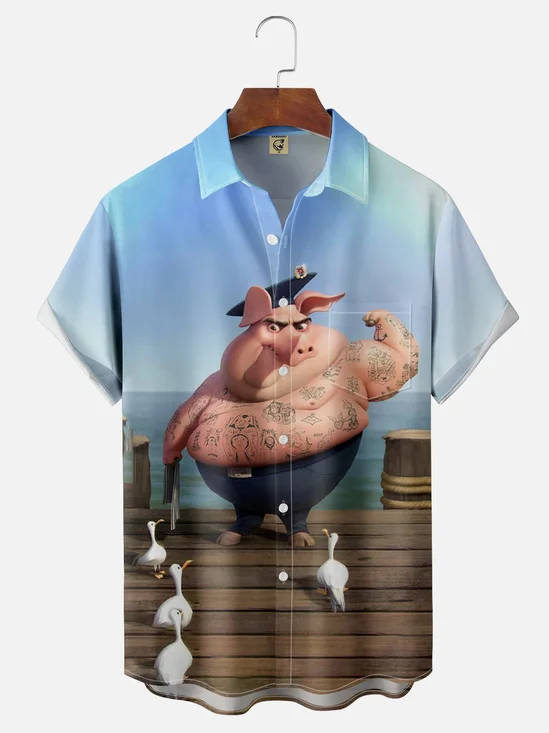 Moisture-wicking Popeye Muscle Pig Chest Pocket Hawaiian Shirt