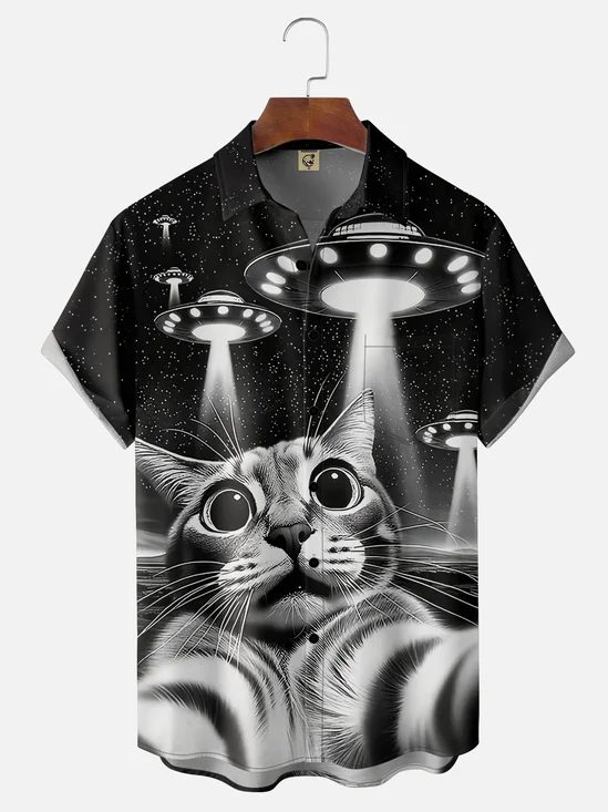 Moisture-wicking Funny Alien Cat Chest Pocket Hawaiian Shirt