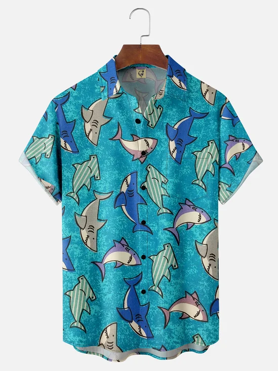 Moisture-wicking Shark Chest Pocket Hawaiian Shirt