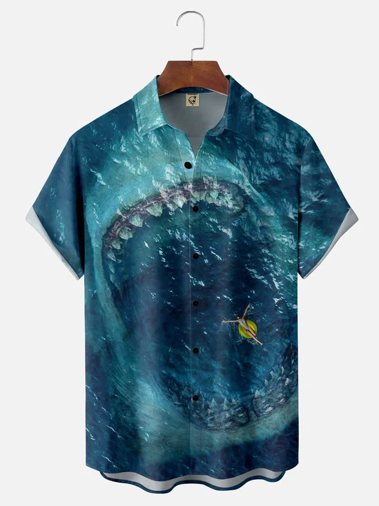 Moisture-wicking Deep Sea Megalodon Chest Pocket Hawaiian Shirt