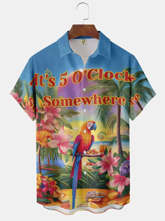Moisture-wicking 5 Clock Parrot Chest Pocket Hawaiian Shirt