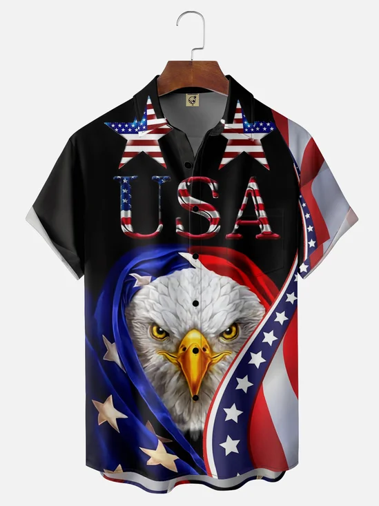 Moisture-wicking American Flag Bald Eagle Chest Pocket Hawaiian Shirt