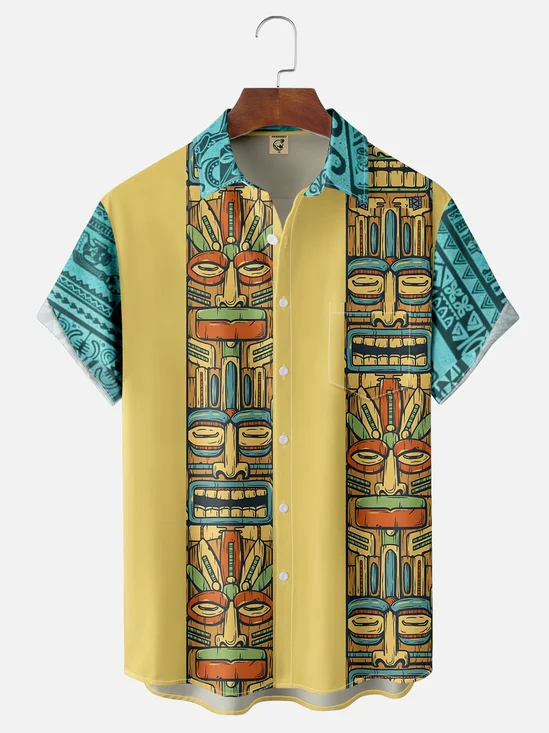 Moisture-wicking Fun Tiki Painting Chest Pocket Hawaiian Shirt