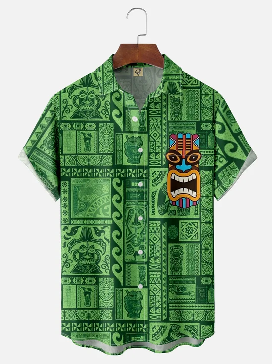 Moisture-wicking Tiki Art Painting Chest Pocket Hawaiian Shirt