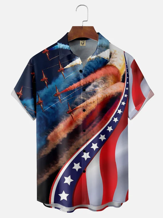 Moisture -wicking American Flag Airplane Chest Pocket Hawaiian Shirt