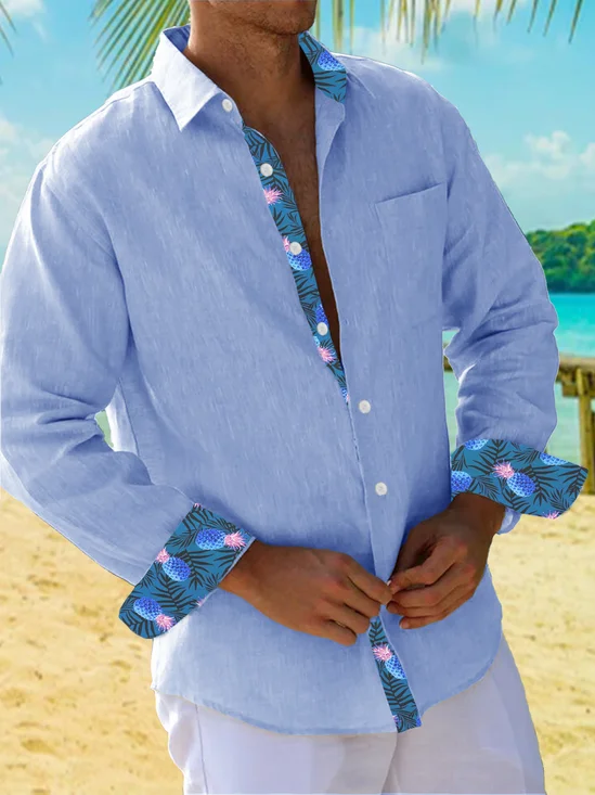 Cotton Plain Stitching Contrast Color Floral Long Sleeve Hawaiian Shirt
