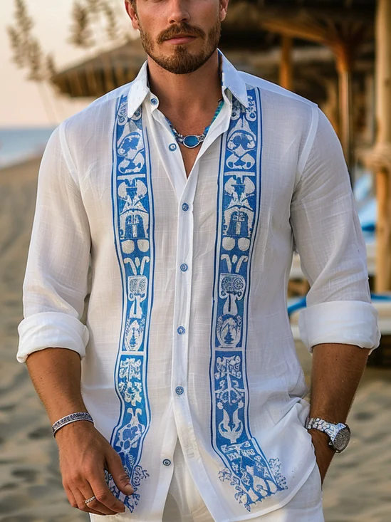 Moisture Wicking Striped Geometric Long Sleeve Hawaiian Shirt