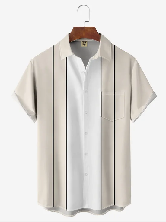 Tall Size Moisture-wicking Striped Chest Pocket Bowling Shirt