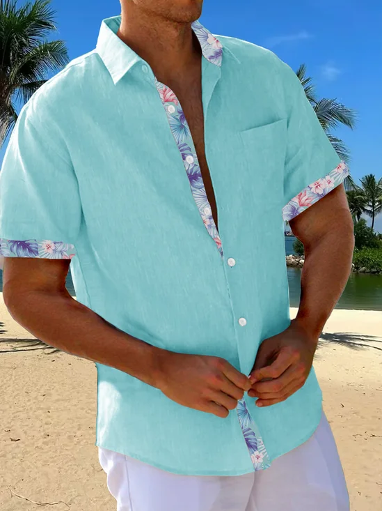 Cotton Plain Stitching Contrast Color Floral Hawaiian Shirt