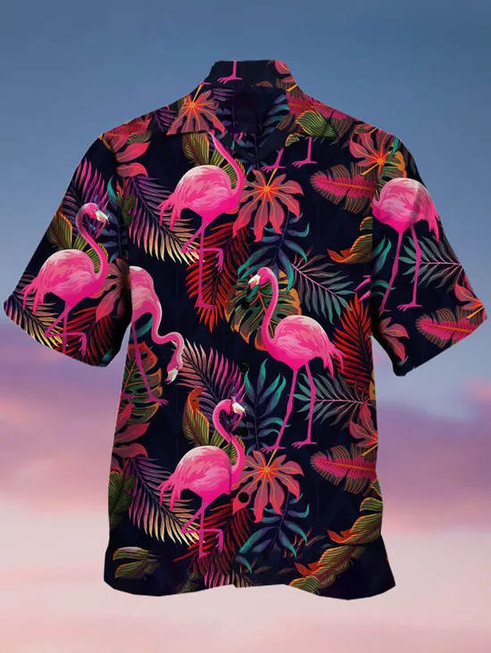 Tall Size Moisture Wicking Botanical Flamingo Print Hawaiian Shirt