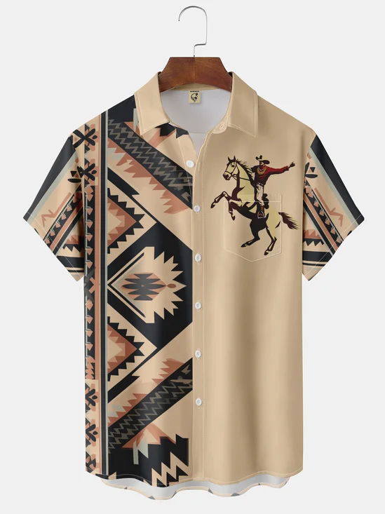 Moisture-wicking Western Cowboy Ethnic Chest Pocket Bowling Shirt