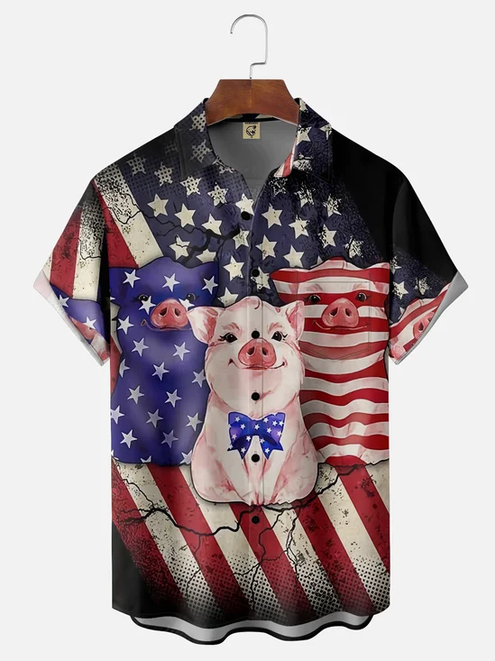 Moisture Wicking American Flag Pig Hawaiian Shirt