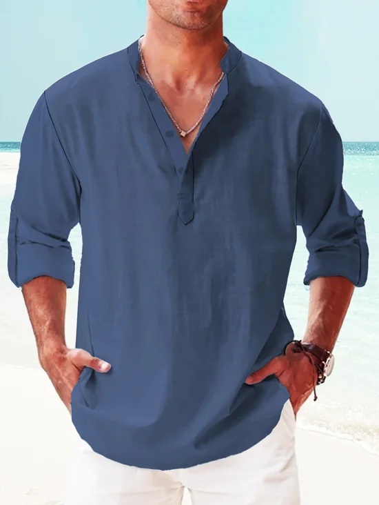 Cotton Plain Rolled-up Sleeves Henley Shirt