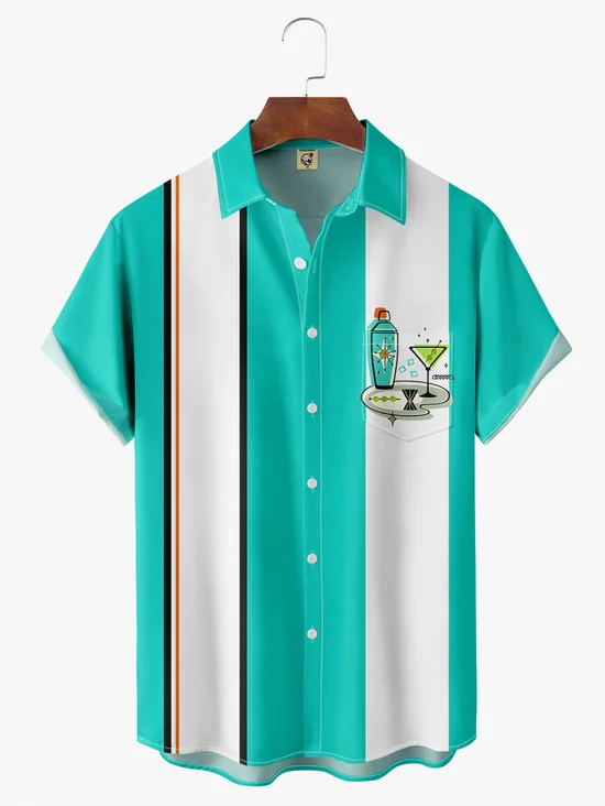 Tall Size Medieval Cocktail Chest Pocket Short Sleeve Bowling Shirt