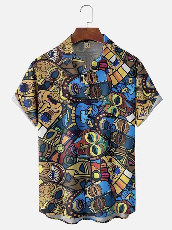 Moisture-wicking Tiki Abstract Painting Chest Pocket Hawaiian Shirt