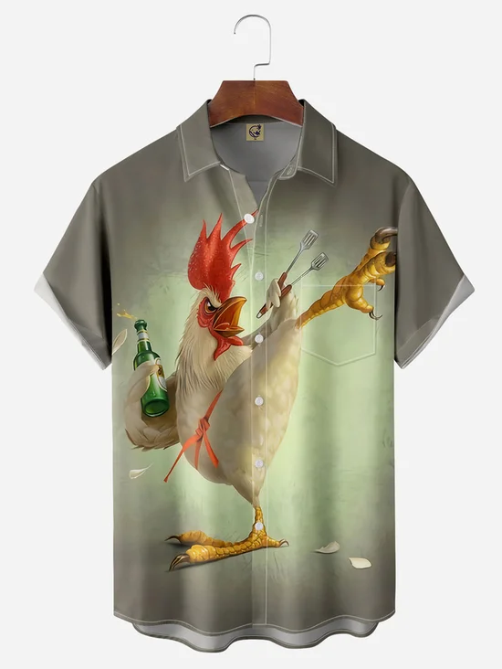 Tall Size Moisture-wicking Kungfu Rooster Chest Pocket Hawaiian Shirt