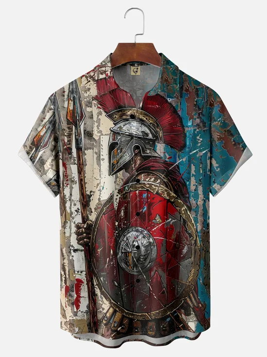 Moisture-wicking Spartan Warrior Illustration Chest Pocket Hawaiian Shirt