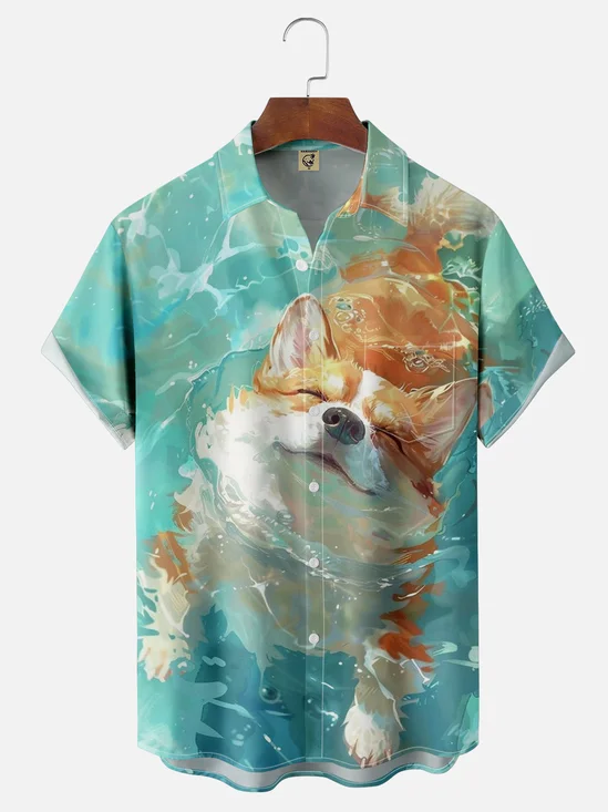 Moisture-wicking Swimming Corgi Chest Pocket Hawaiian Shirt