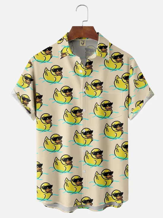 Moisture-wicking Art Duck Swimming Chest Pocket Hawaiian Shirt