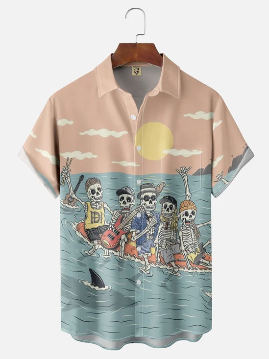 Moisture-wicking Skeleton Party Chest Pocket Hawaiian Shirt