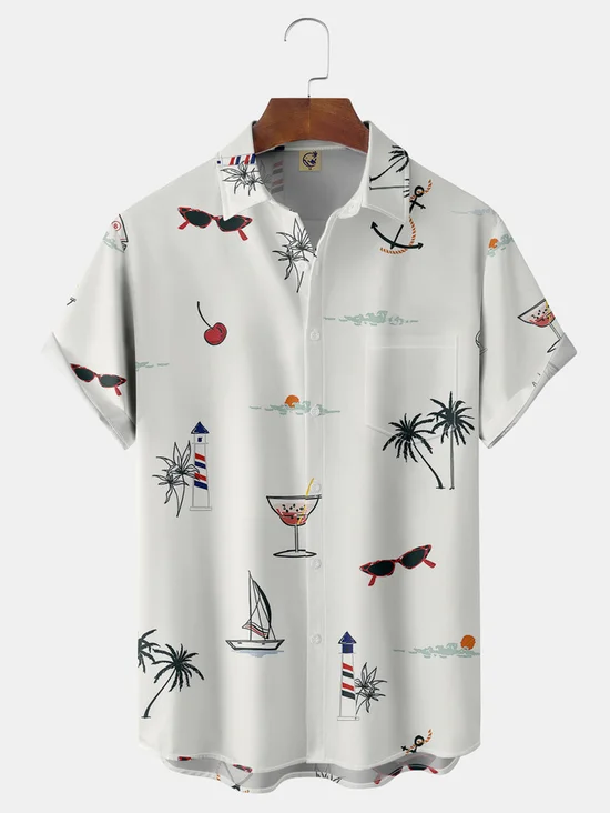 Tall Size Moisture-wicking Aloha Palm Chest Pocket Hawaiian Shirt