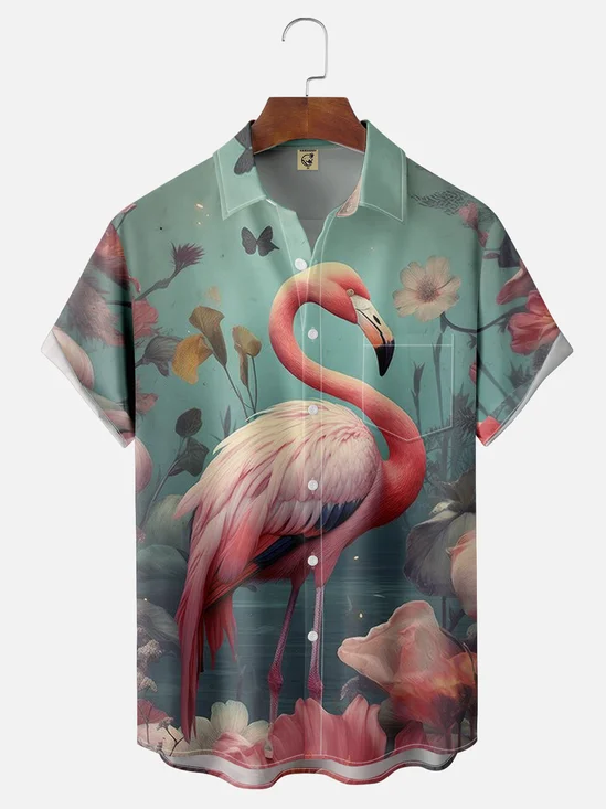 Moisture-wicking Art Flamingo Chest Pocket Hawaiian Shirt