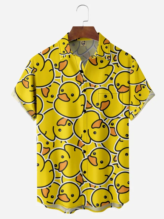 Tall Size Moisture-wicking Yellow Duck Chest Pocket Hawaiian Shirt