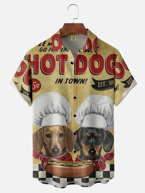 Moisture-wicking Dachshund Hot Dog Chest Pocket Hawaiian Shirt