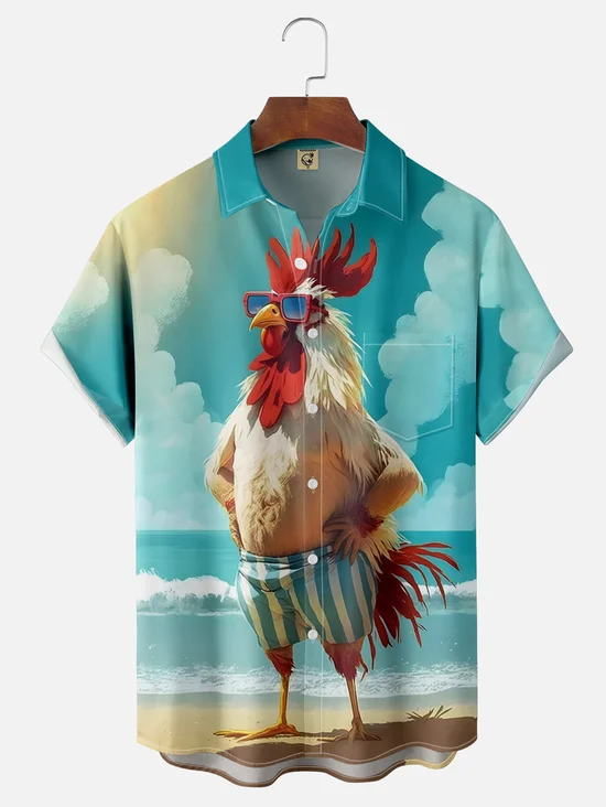 Tall Size Moisture-wicking Beach Fun Chicken Chest Pocket Hawaiian Shirt