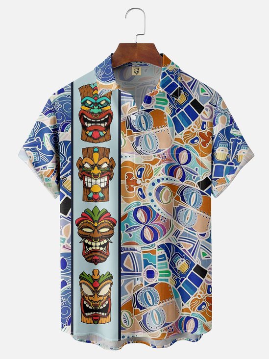 Moisture-wicking Art Tiki Abstract Painting Chest Pocket Bowling Shirt