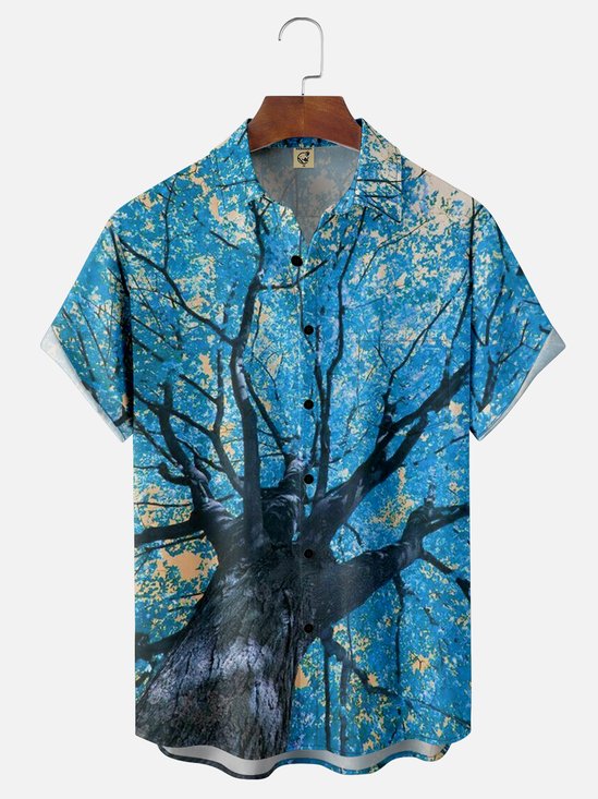 Moisture-wicking Tree Art Painting Chest Pocket Hawaiian Shirt