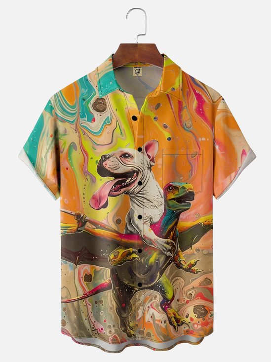Moisture-wicking Breathable Dinosaur Chest Pocket Hawaiian Shirt