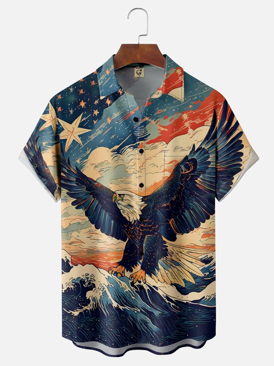 Moisture-wicking Ukiyo-e Bald Eagle Soaring Chest Pocket Hawaiian Shirt
