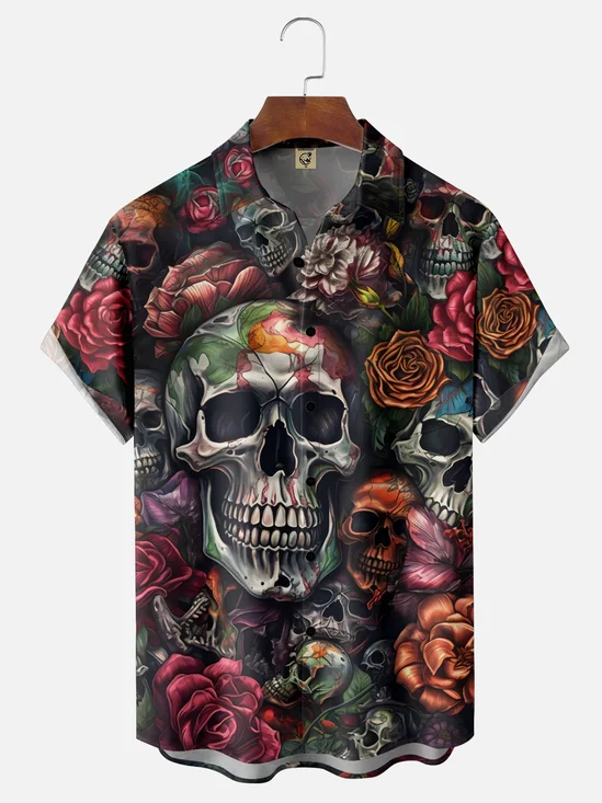 Moisture-wicking Skull Chest Pocket Hawaiian Shirt