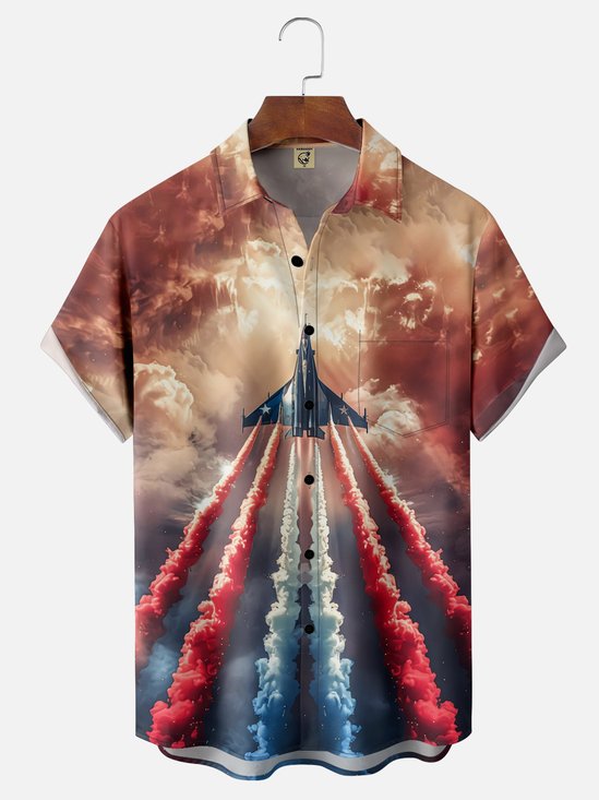 Moisture-wicking Independence Day Airplane Chest Pocket Hawaiian Shirt