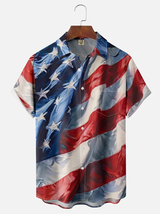 Moisture-wicking Art American Flag Chest Pocket Hawaiian Shirt